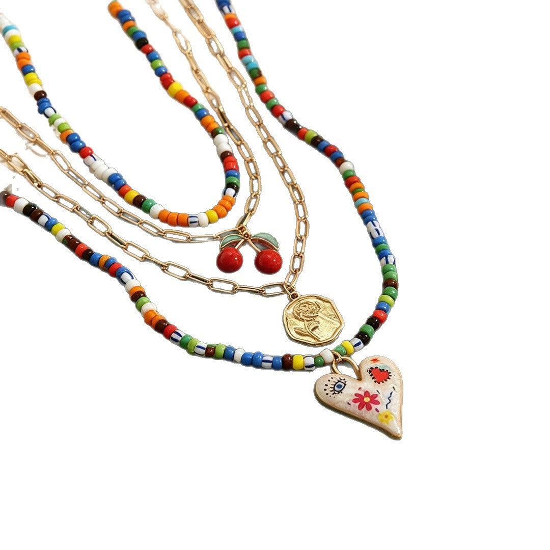 Sweet Multicolor Color Block Necklace For Women With Zinc Alloy Pendant Featuring Beading Craft
