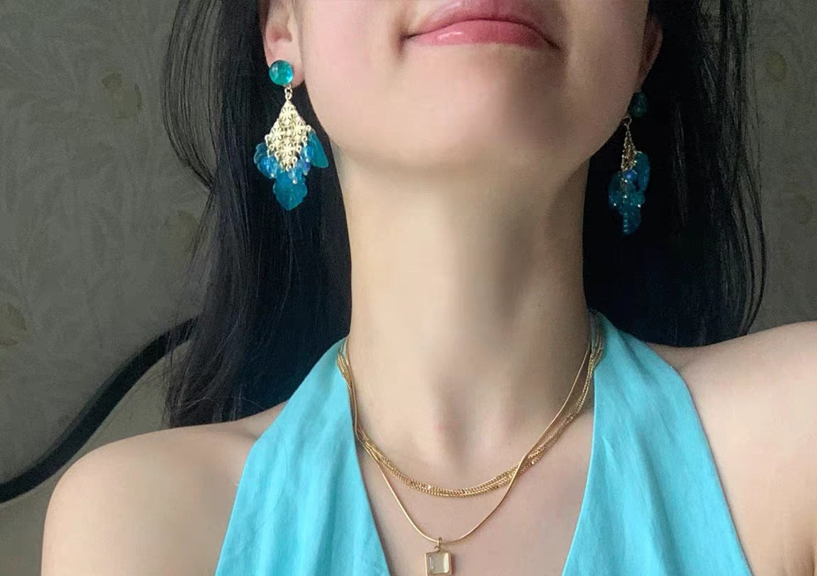 Bohemian Peacock Blue Leaves Drop Earrings For Women Featuring Turquoise Inlay And 925 Sterling Silver Posts