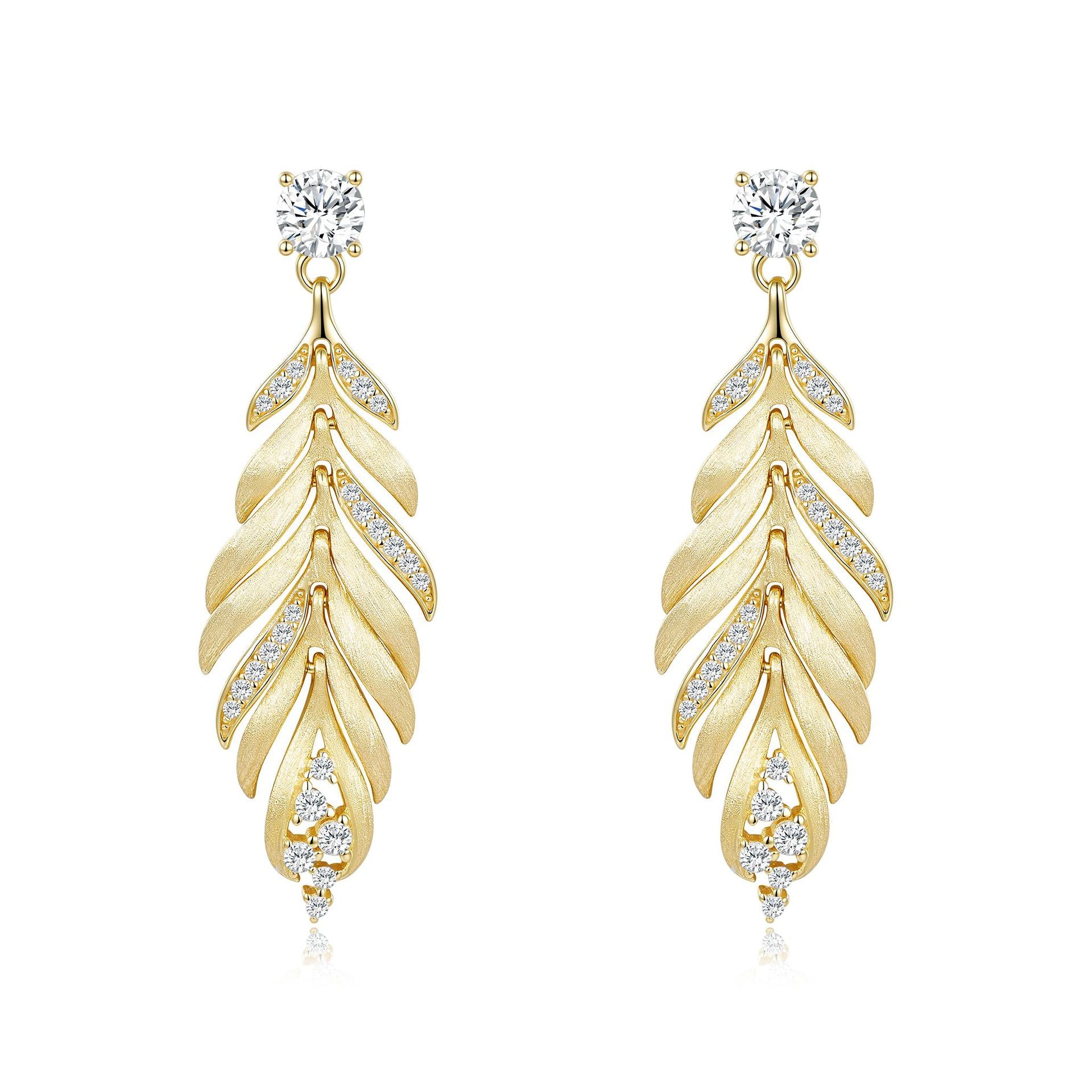 Leaves Tassel Drop Earrings For Women In Gold Featuring 925 Sterling Silver With Moissanite Inlay