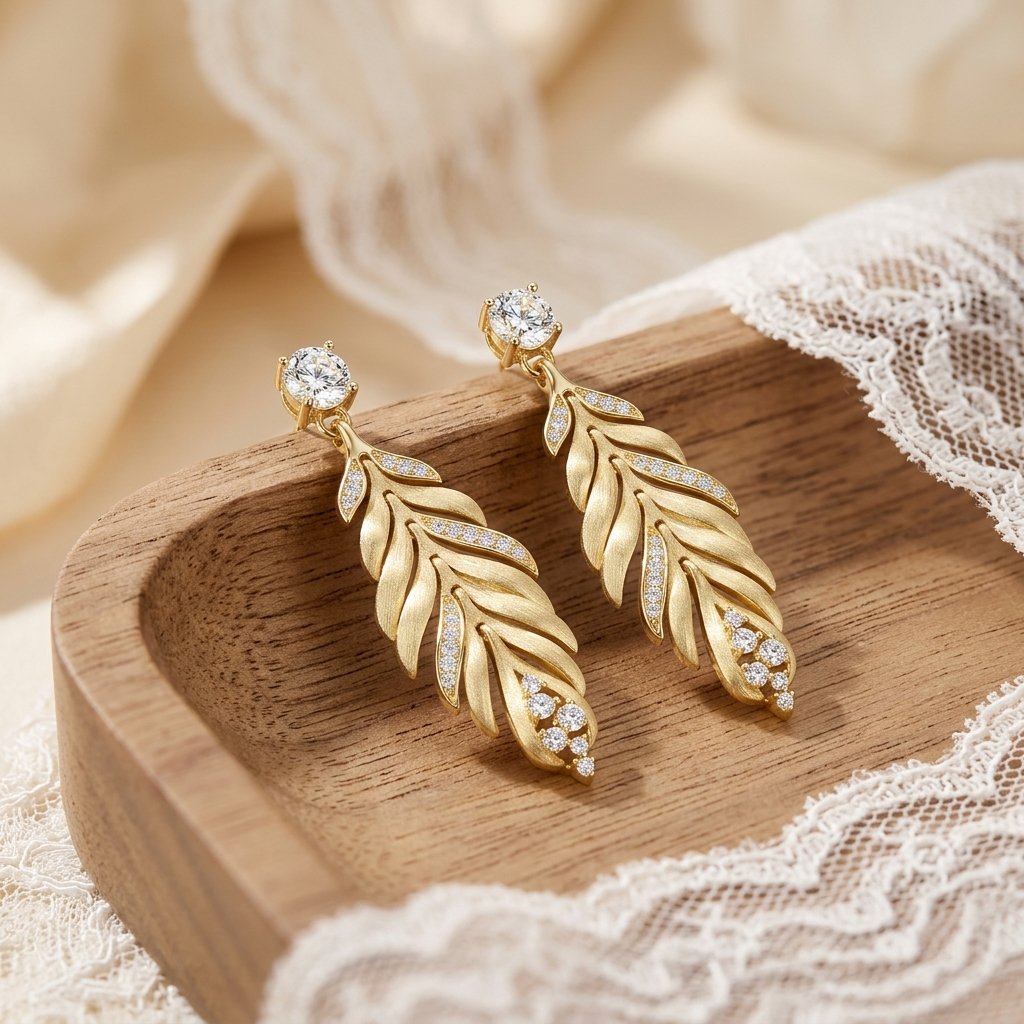 Leaves Tassel Drop Earrings For Women In Gold Featuring 925 Sterling Silver With Moissanite Inlay