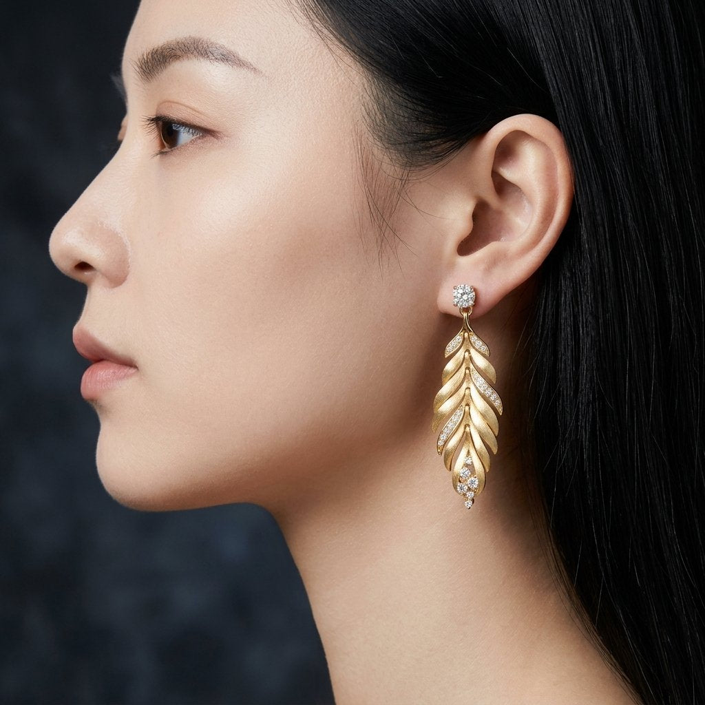 Leaves Tassel Drop Earrings For Women In Gold Featuring 925 Sterling Silver With Moissanite Inlay