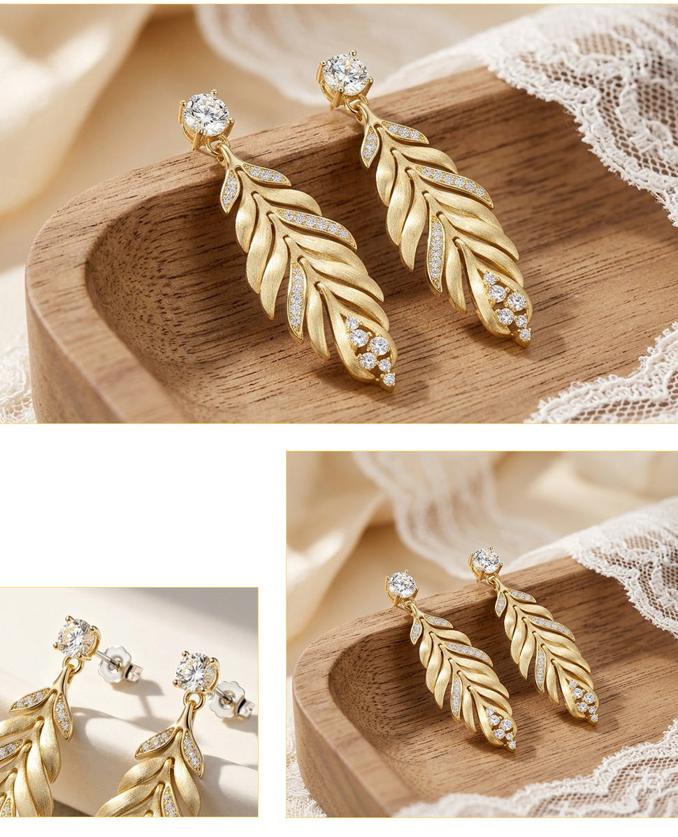 Leaves Tassel Drop Earrings For Women In Gold Featuring 925 Sterling Silver With Moissanite Inlay