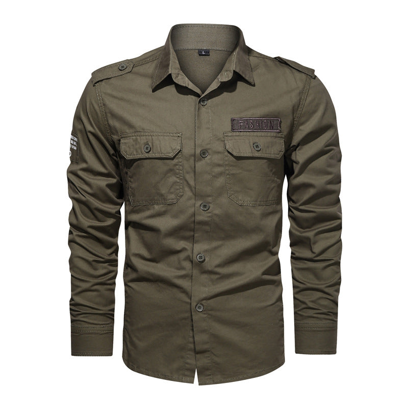 Solid Color Casual Long Sleeve Blouse In Cotton With Multiple Pockets For Men