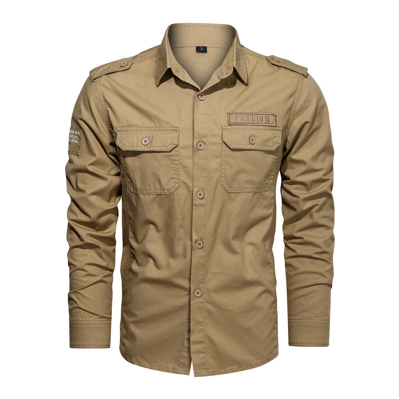 Solid Color Casual Long Sleeve Blouse In Cotton With Multiple Pockets For Men