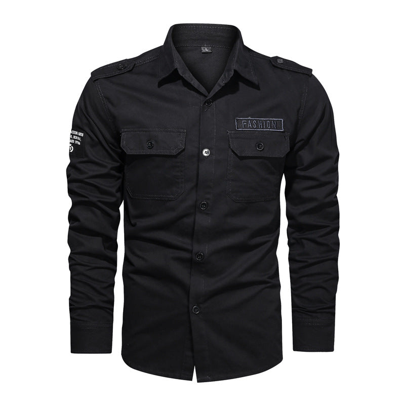 Solid Color Casual Long Sleeve Blouse In Cotton With Multiple Pockets For Men