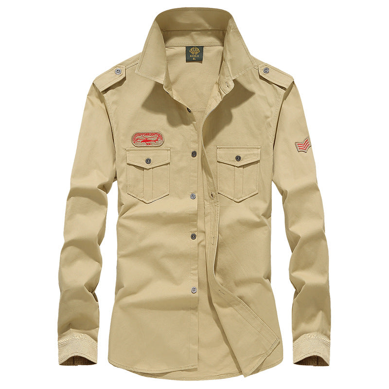 Solid Color Casual Long Sleeve Blouse In Cotton With Multiple Pockets For Men
