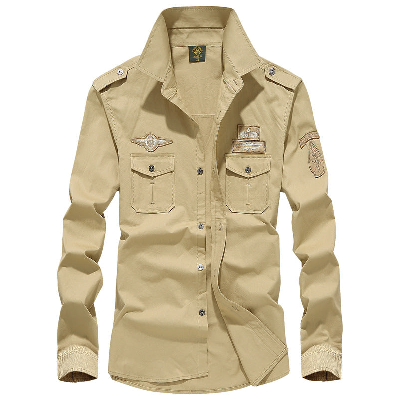 Solid Color Casual Long Sleeve Blouse In Cotton With Multiple Pockets For Men