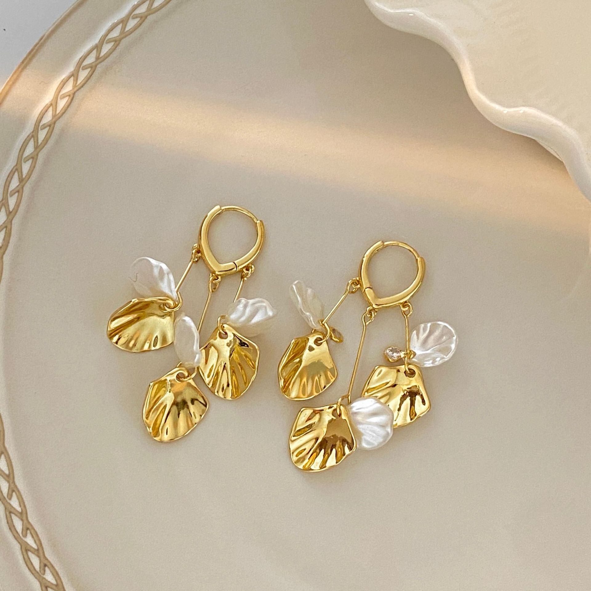 Elaborate Gold Leaves Earrings For Women With Copper Ear Pins And Acrylic Inlay Material