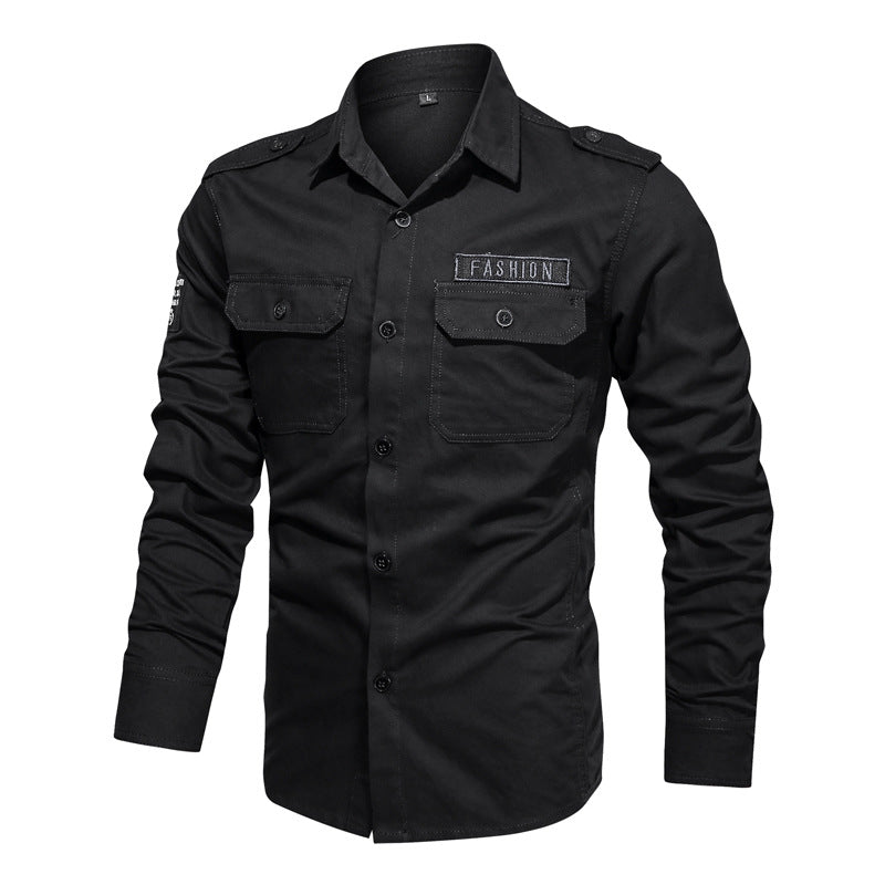 Solid Color Casual Long Sleeve Blouse In Cotton With Multiple Pockets For Men