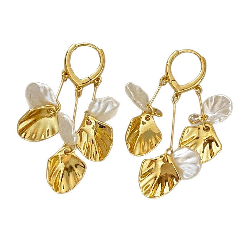 Elaborate Gold Leaves Earrings For Women With Copper Ear Pins And Acrylic Inlay Material
