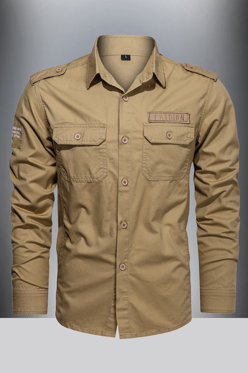Solid Color Casual Long Sleeve Blouse In Cotton With Multiple Pockets For Men