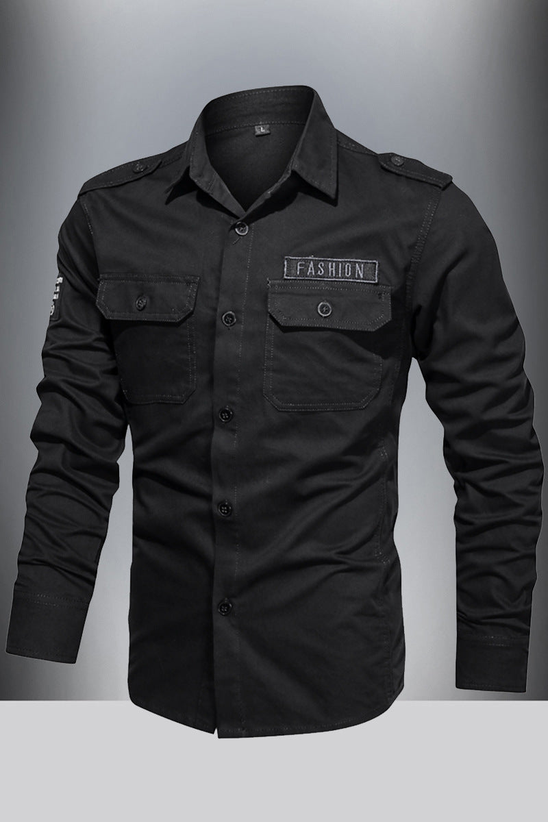 Solid Color Casual Long Sleeve Blouse In Cotton With Multiple Pockets For Men