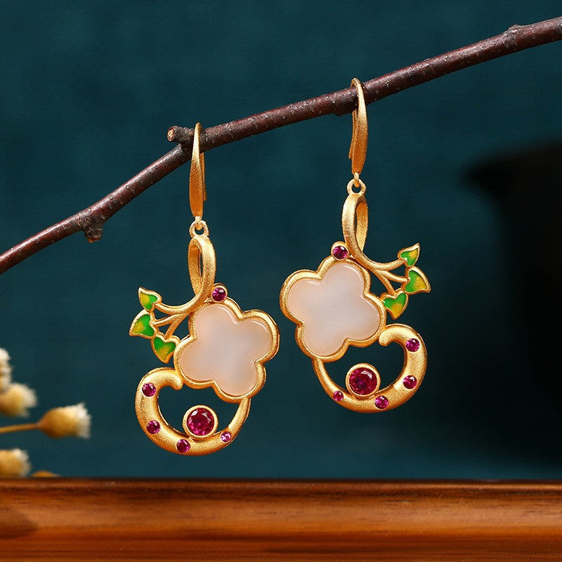 Lucky Heart Drop Earrings For Women In 24K Real Gold Plated With Copper Ear Pins Featuring Imitation Jade Glass Beads