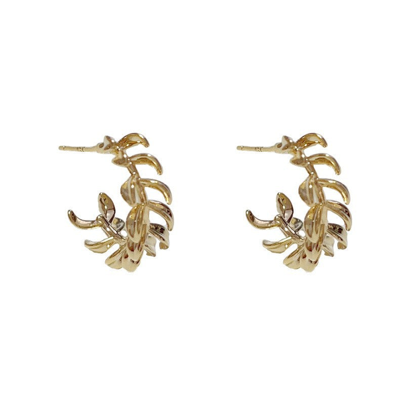 Leaf Pattern Hoop Earrings For Women In Simple Style, Made Of Copper With Real Gold Plated Posts