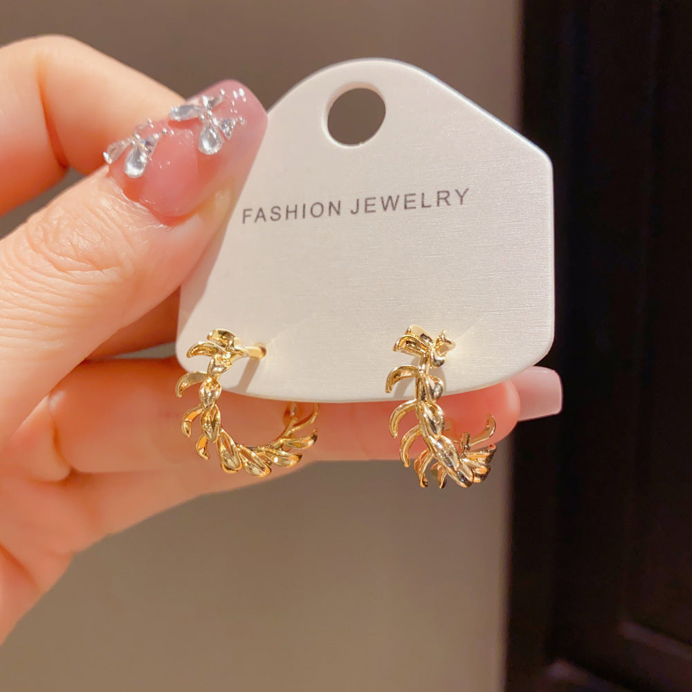 Leaf Pattern Hoop Earrings For Women In Simple Style, Made Of Copper With Real Gold Plated Posts