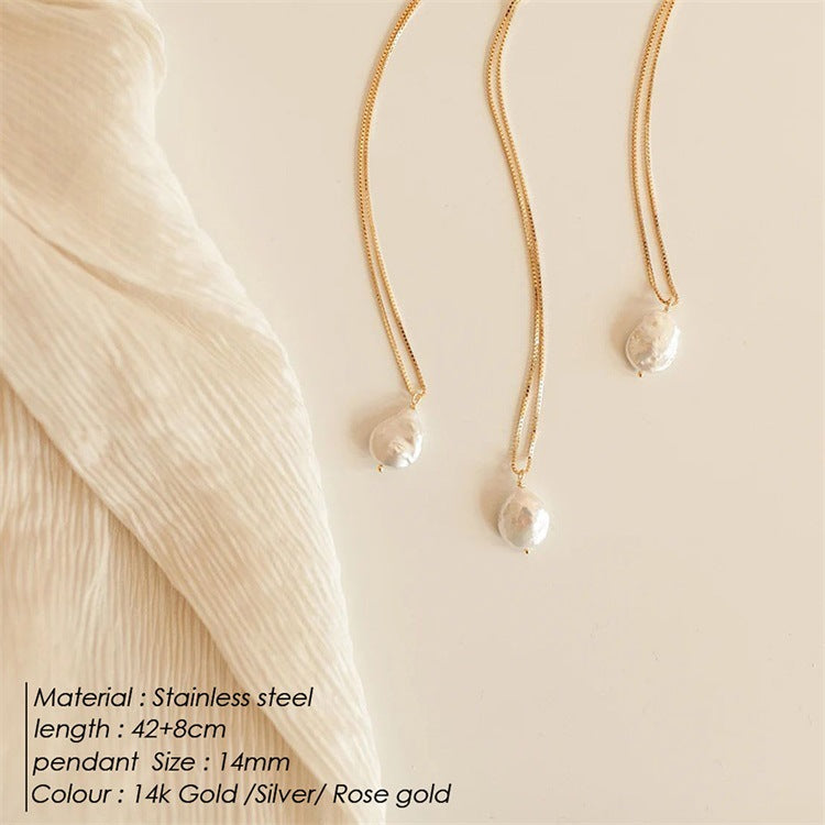 Freshwater Pearl Necklace For Women In Steel Color With Electroplated Finish And Box Chain Featuring Freshwater Pearl Inlay