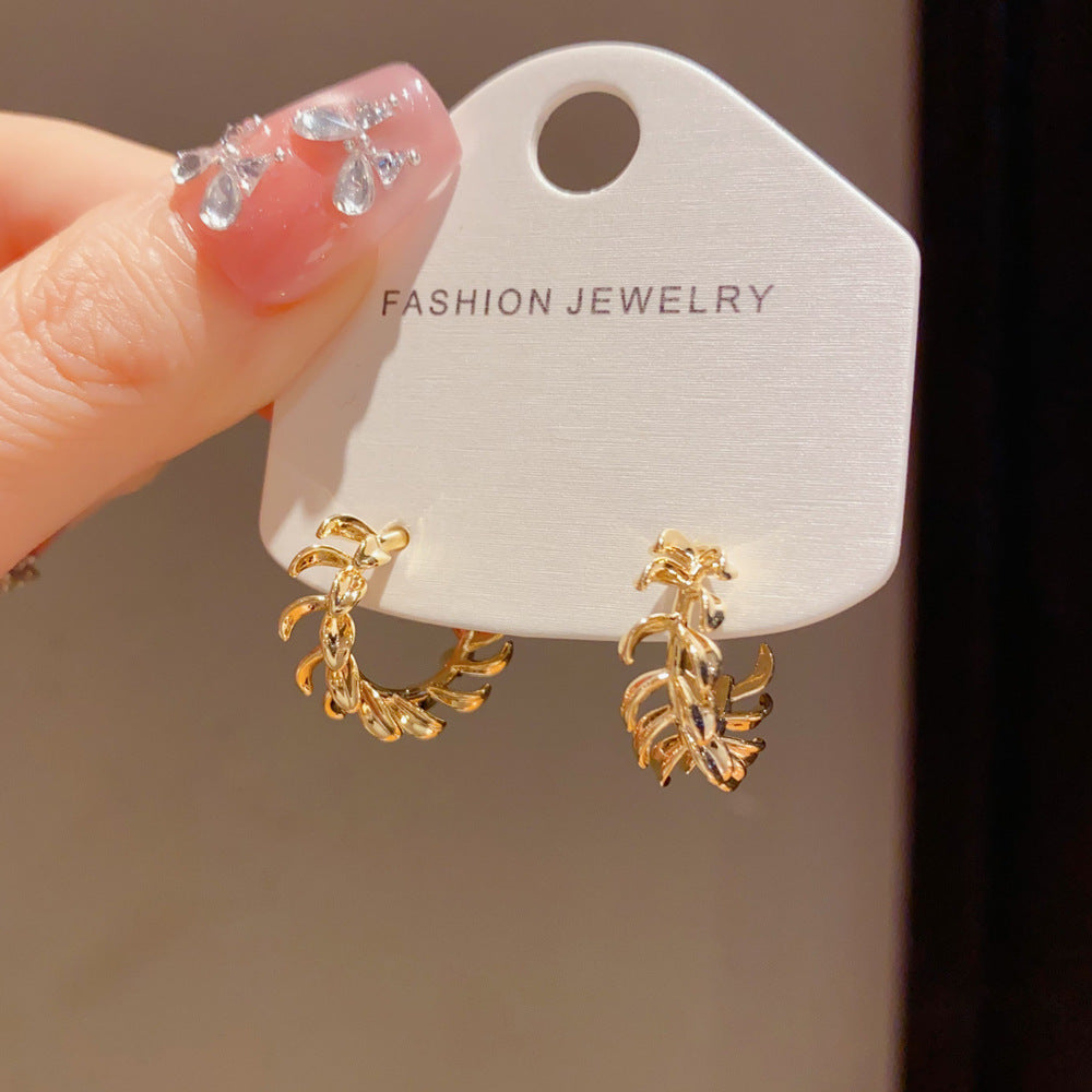 Leaf Pattern Hoop Earrings For Women In Simple Style, Made Of Copper With Real Gold Plated Posts