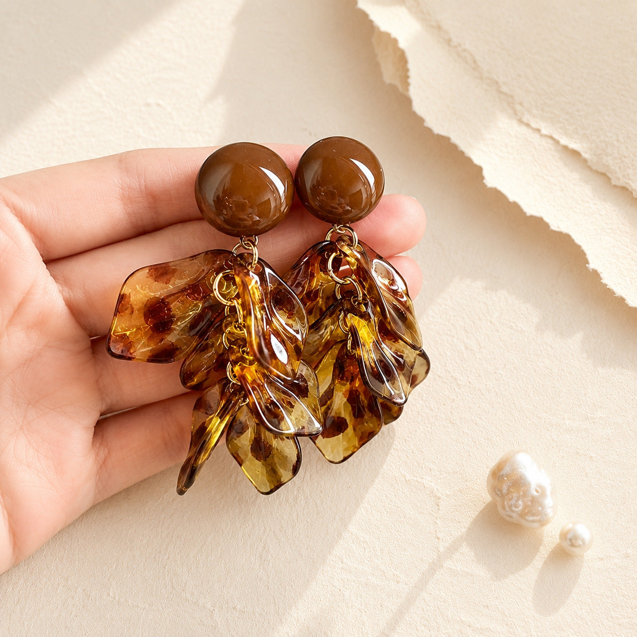 Maillard Style Caramel Acrylic Leaves Tassel Drop Earrings For Women
