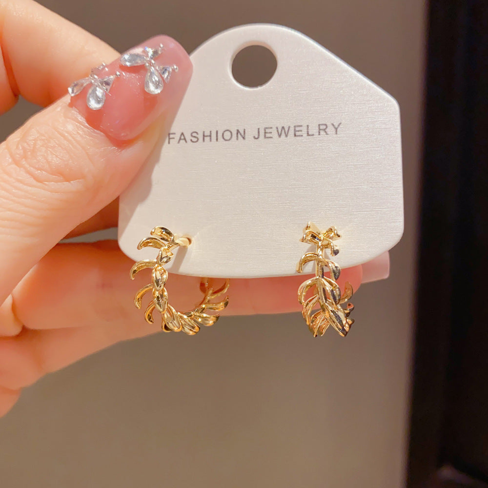 Leaf Pattern Hoop Earrings For Women In Simple Style, Made Of Copper With Real Gold Plated Posts