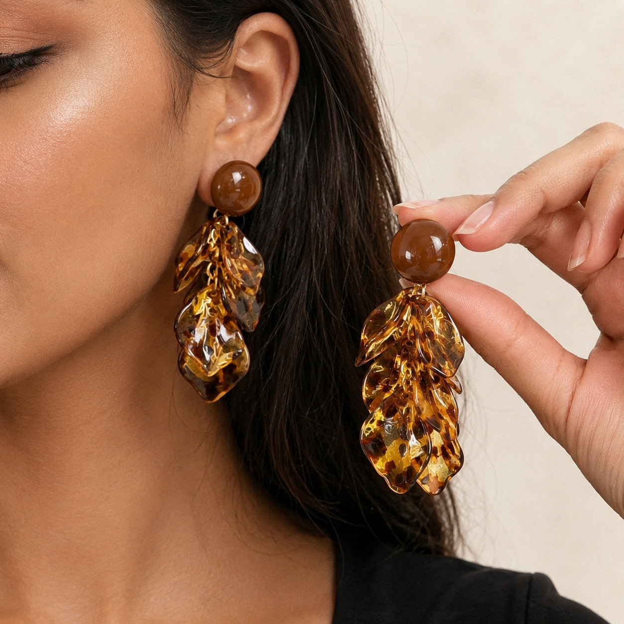 Maillard Style Caramel Acrylic Leaves Tassel Drop Earrings For Women