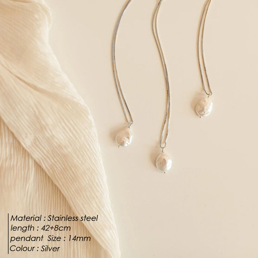 Freshwater Pearl Necklace For Women In Steel Color With Electroplated Finish And Box Chain Featuring Freshwater Pearl Inlay