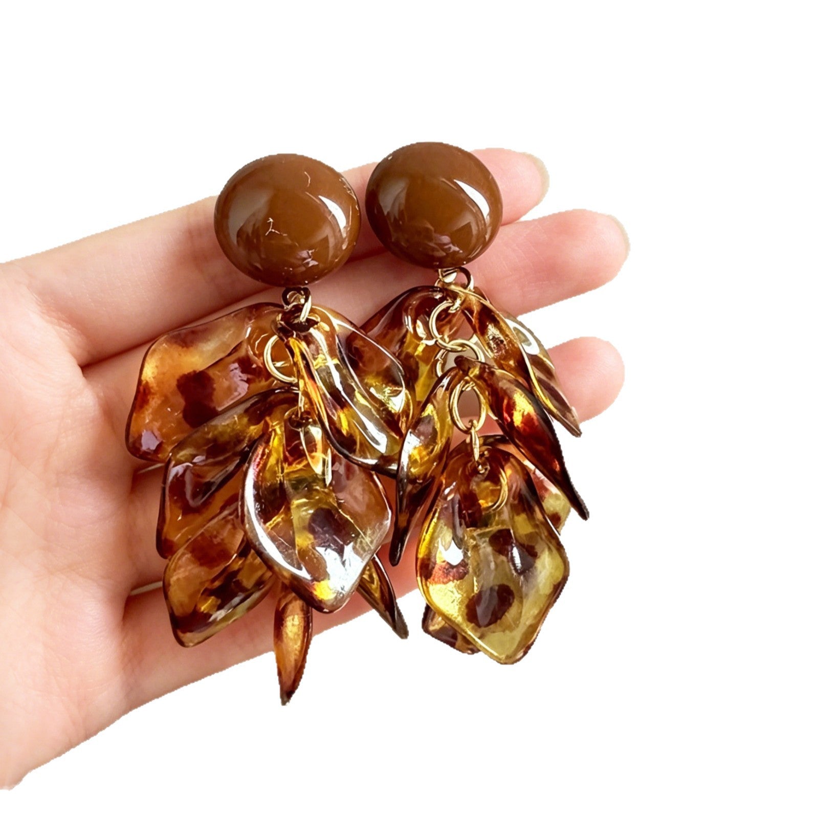 Maillard Style Caramel Acrylic Leaves Tassel Drop Earrings For Women