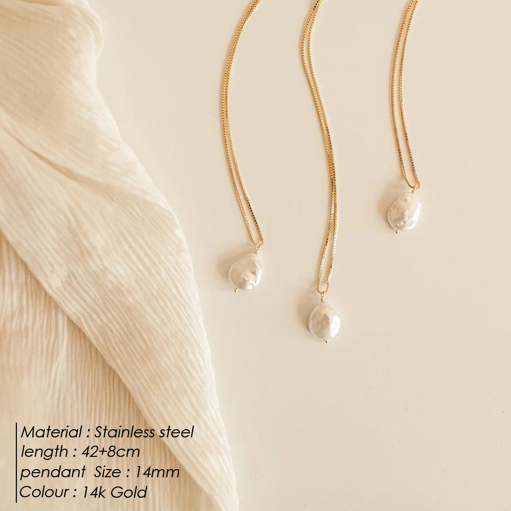 Freshwater Pearl Necklace For Women In Steel Color With Electroplated Finish And Box Chain Featuring Freshwater Pearl Inlay