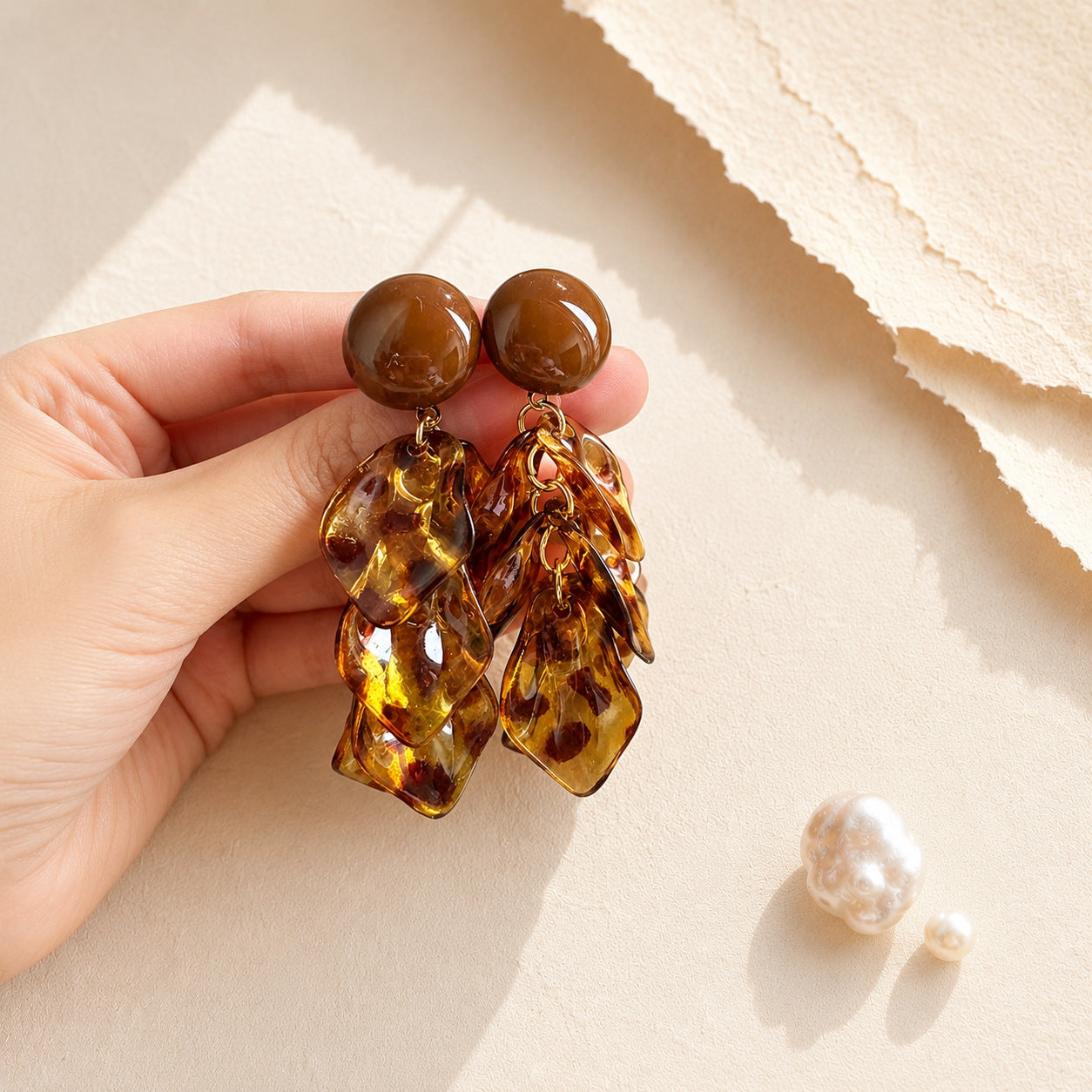 Maillard Style Caramel Acrylic Leaves Tassel Drop Earrings For Women