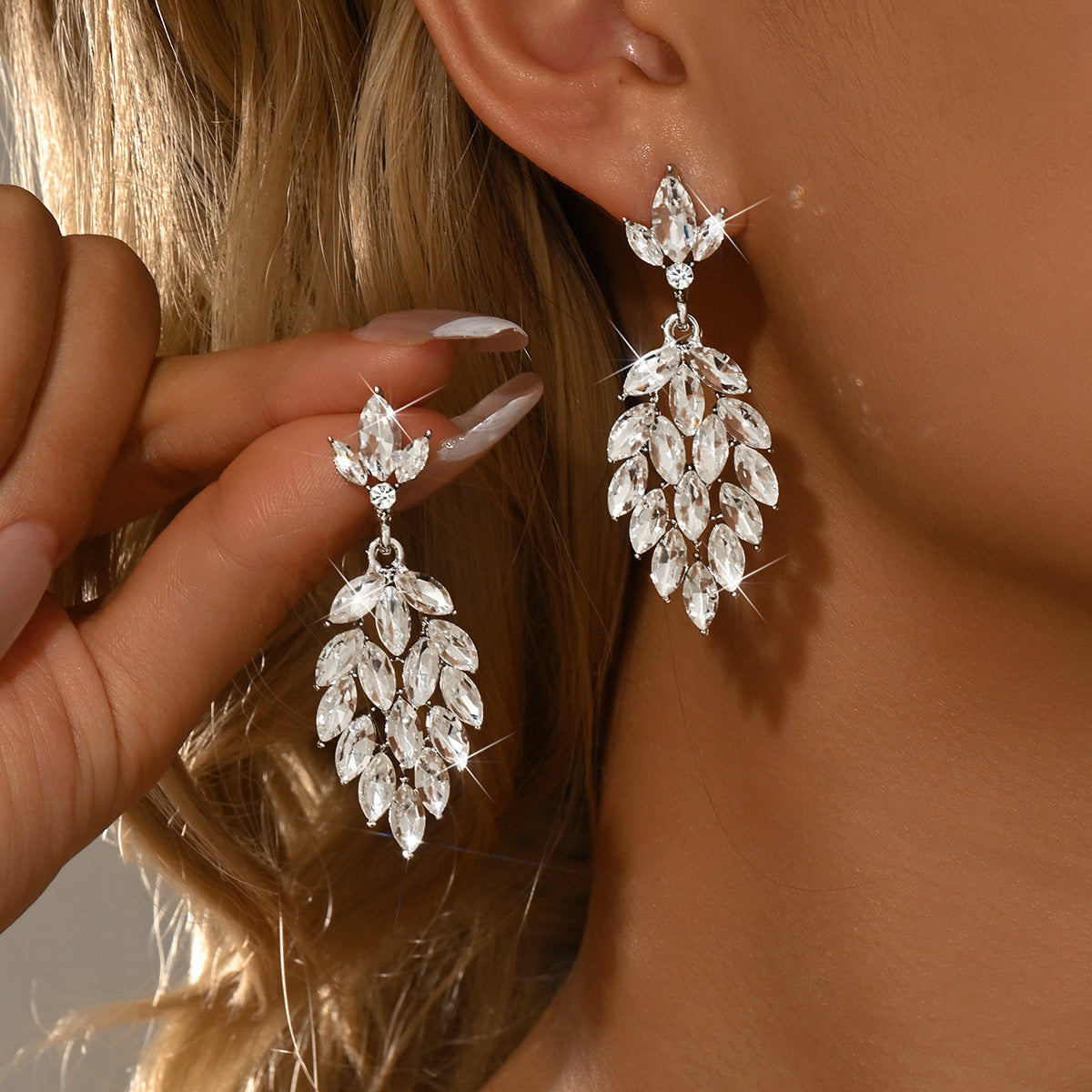 Leaves Tassel Earrings For Women Featuring Silver Zinc Alloy With Rhinestones And 304 Stainless Steel Ear Pins
