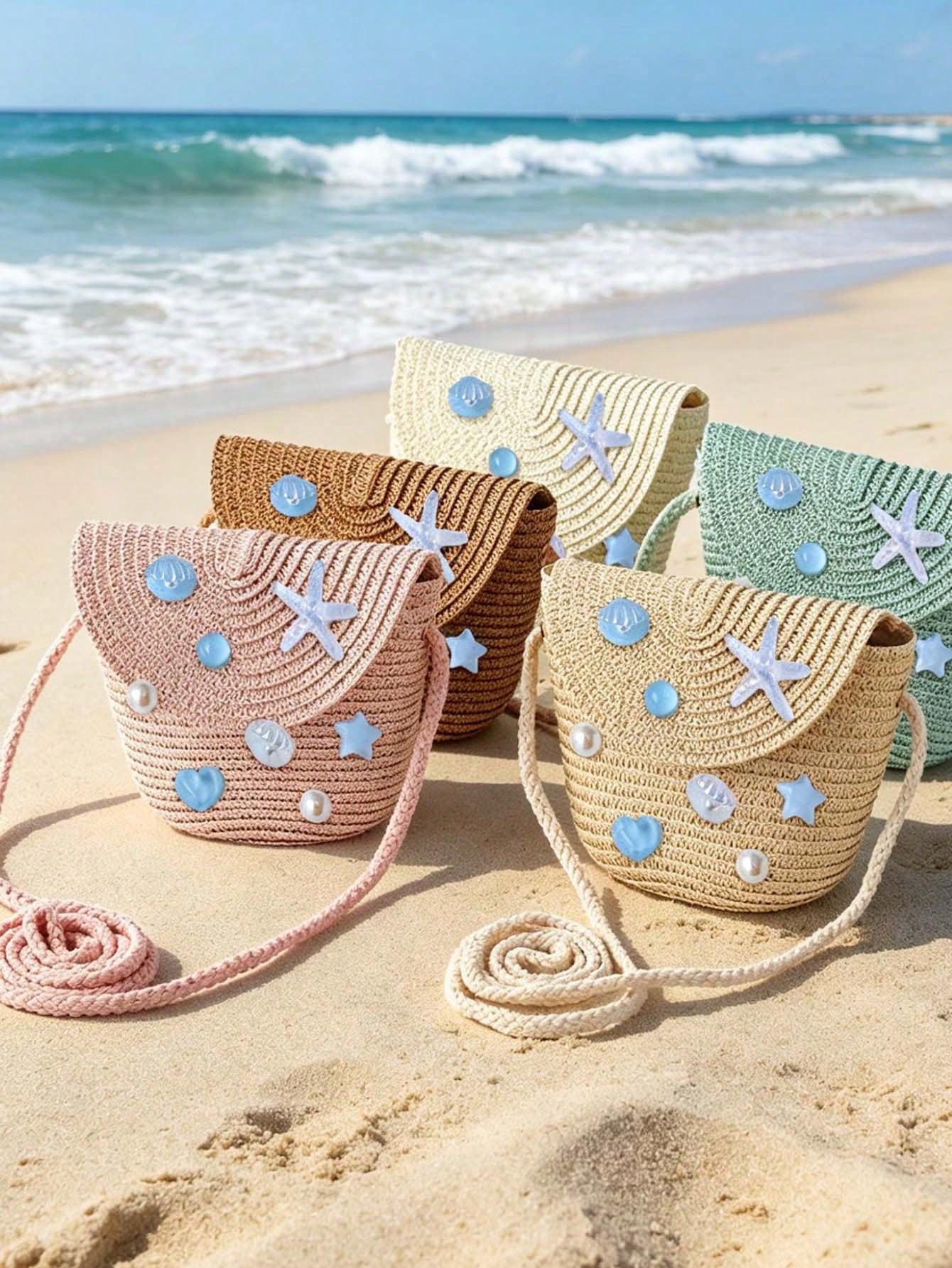 Heart Shape Bucket Crossbody Bag For Women With Starfish Design, Made Of Polyester, Featuring Single Shoulder Strap
