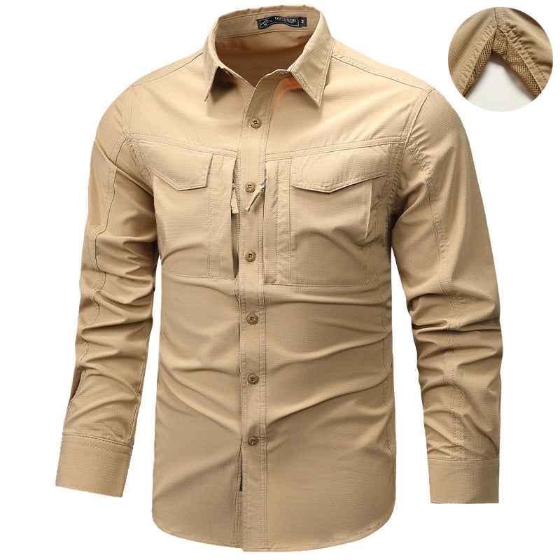 Solid Color Casual Long Sleeve Polyester Blouse With Multiple Pockets For Men