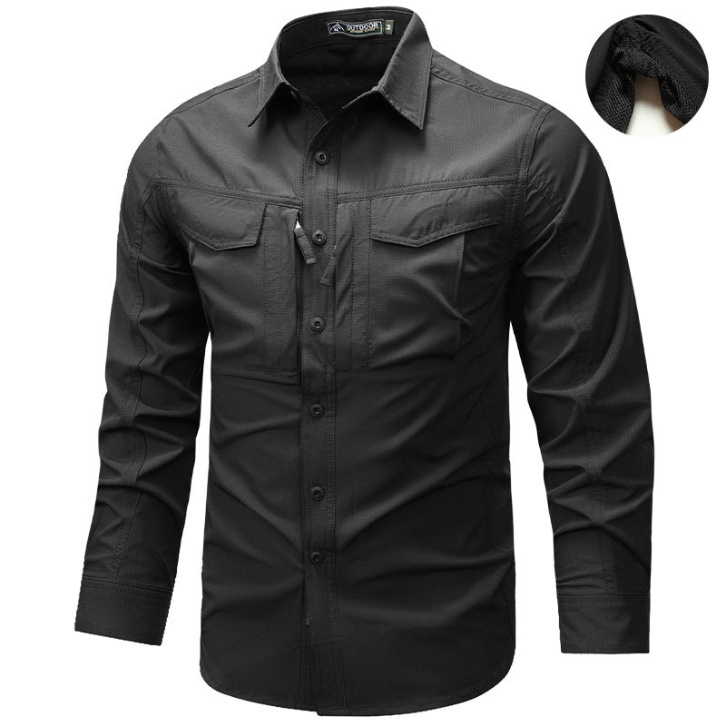 Solid Color Casual Long Sleeve Polyester Blouse With Multiple Pockets For Men