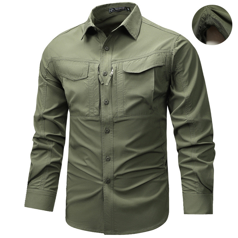 Solid Color Casual Long Sleeve Polyester Blouse With Multiple Pockets For Men