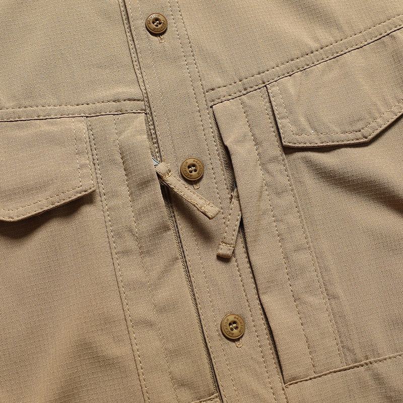 Solid Color Casual Long Sleeve Polyester Blouse With Multiple Pockets For Men