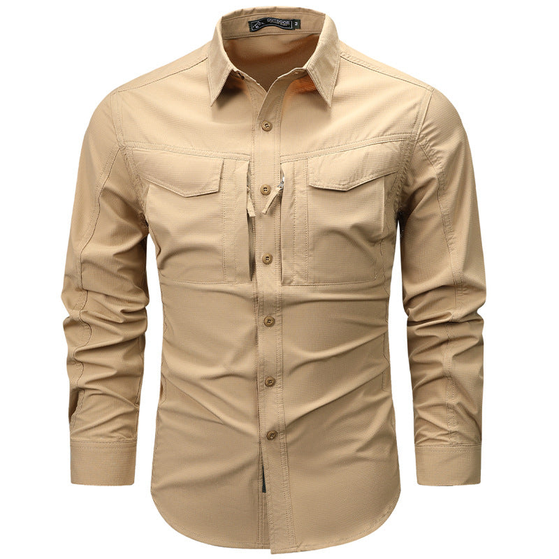 Solid Color Casual Long Sleeve Polyester Blouse With Multiple Pockets For Men