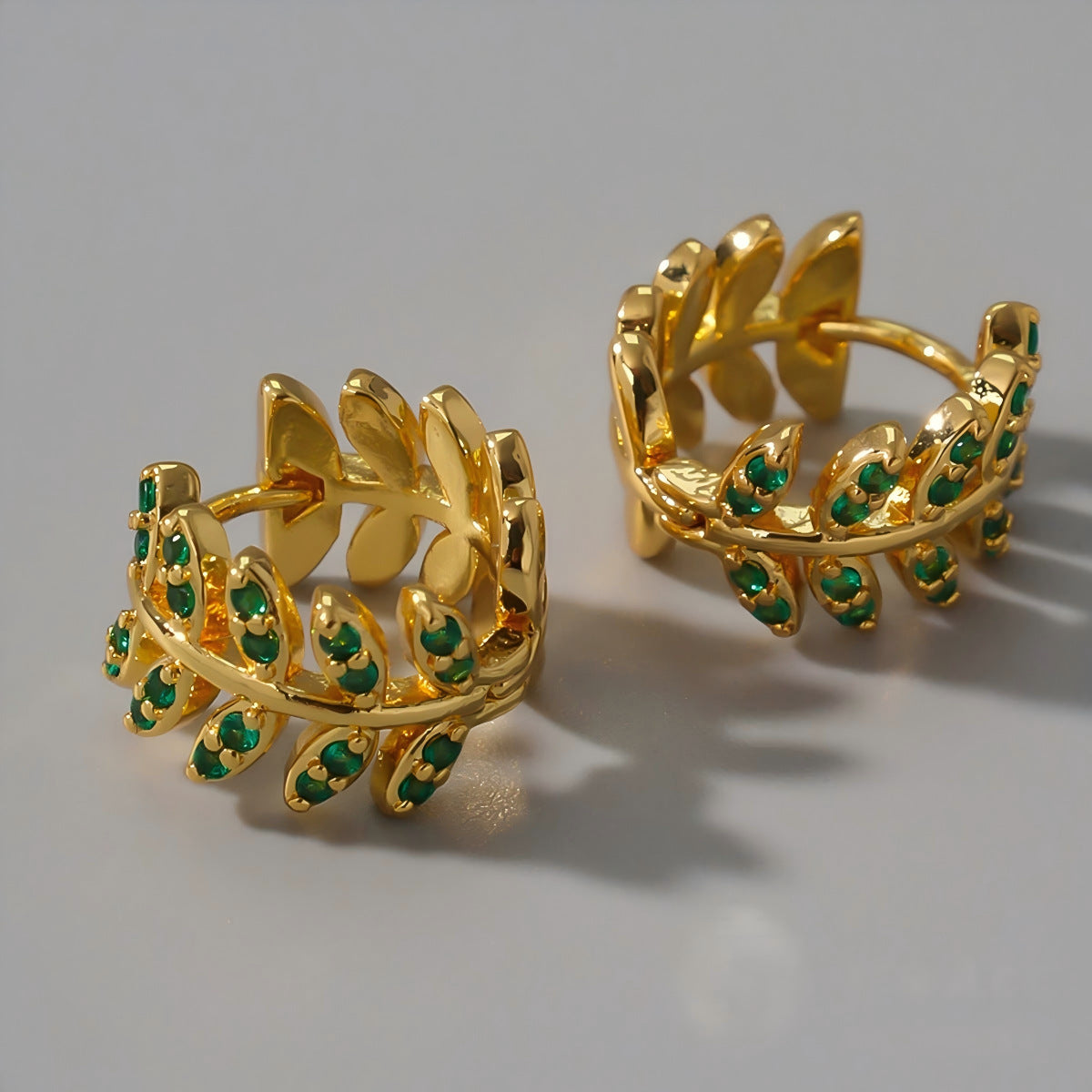 Leaves Earrings For Women In 18K Real Gold Plated Brass With Copper Ear Pins And Zircon Inlay