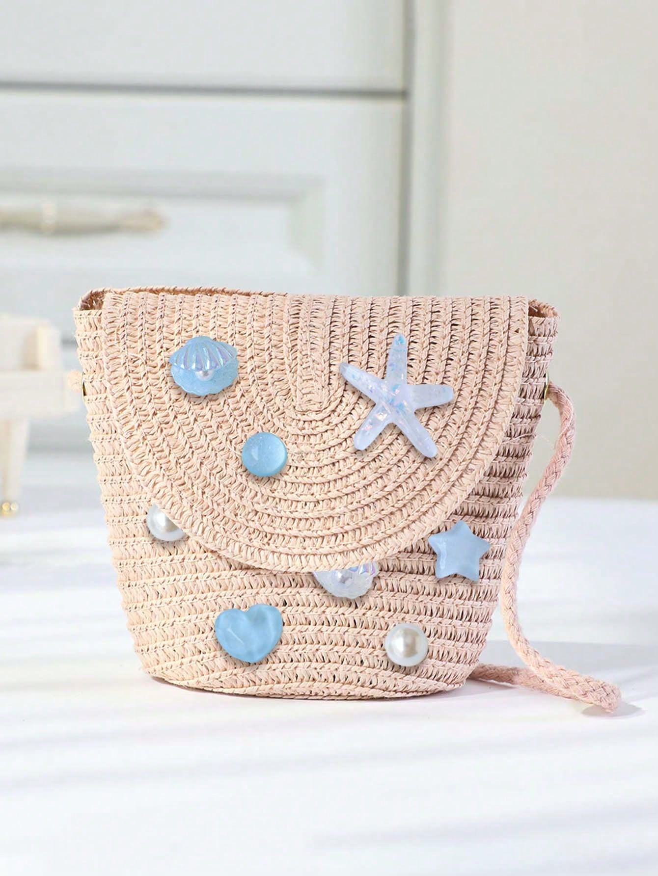 Heart Shape Bucket Crossbody Bag For Women With Starfish Design, Made Of Polyester, Featuring Single Shoulder Strap