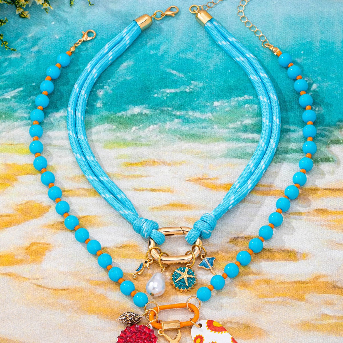 Marine Style Shell Necklace For Women With Sky Blue Rope Chain And Zinc Alloy Pendant