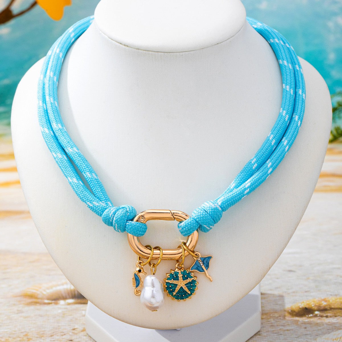 Marine Style Shell Necklace For Women With Sky Blue Rope Chain And Zinc Alloy Pendant
