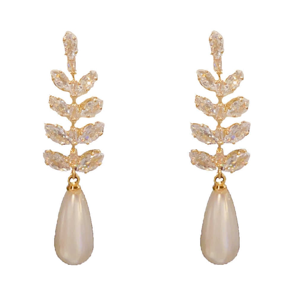 Leaves Drop Earrings For Women With Copper Ear Pins, Real Gold Plated And Zircon Inlay