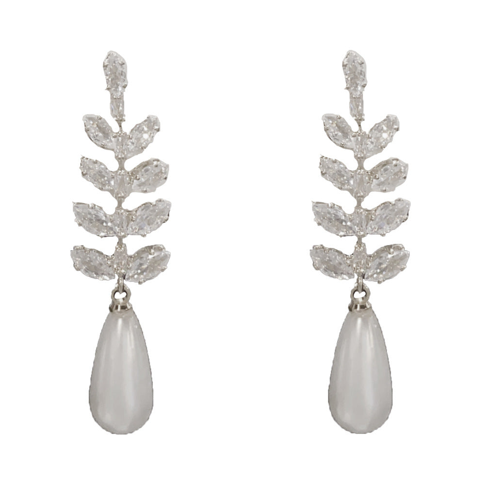 Leaves Drop Earrings For Women With Copper Ear Pins, Real Gold Plated And Zircon Inlay