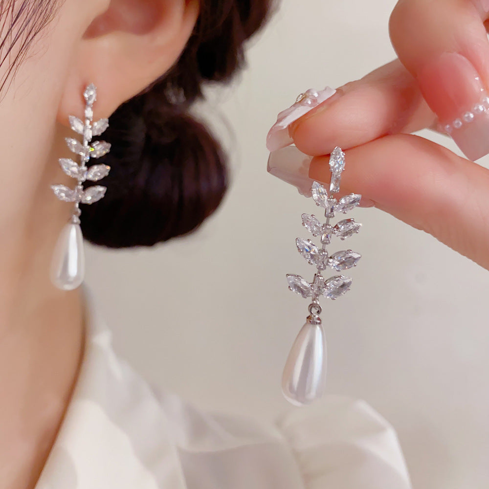 Leaves Drop Earrings For Women With Copper Ear Pins, Real Gold Plated And Zircon Inlay