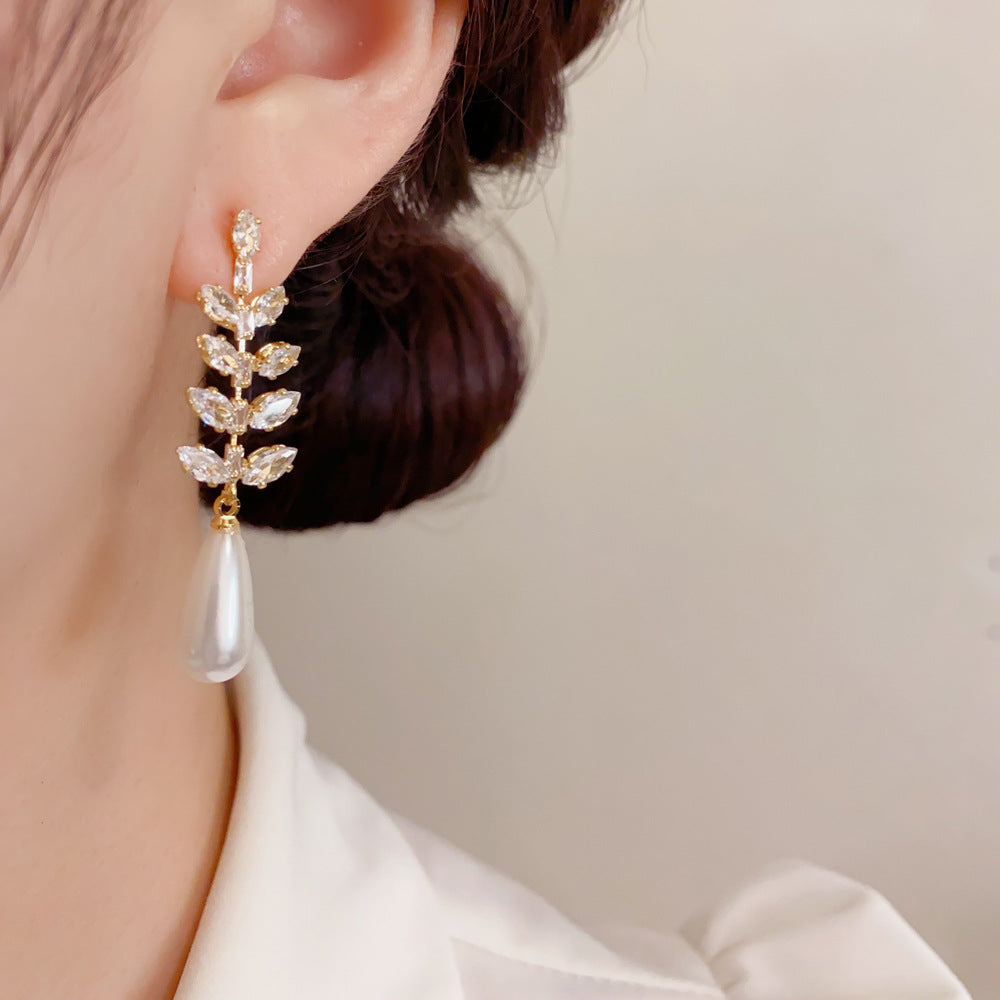 Leaves Drop Earrings For Women With Copper Ear Pins, Real Gold Plated And Zircon Inlay