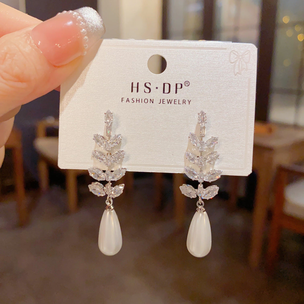 Leaves Drop Earrings For Women With Copper Ear Pins, Real Gold Plated And Zircon Inlay