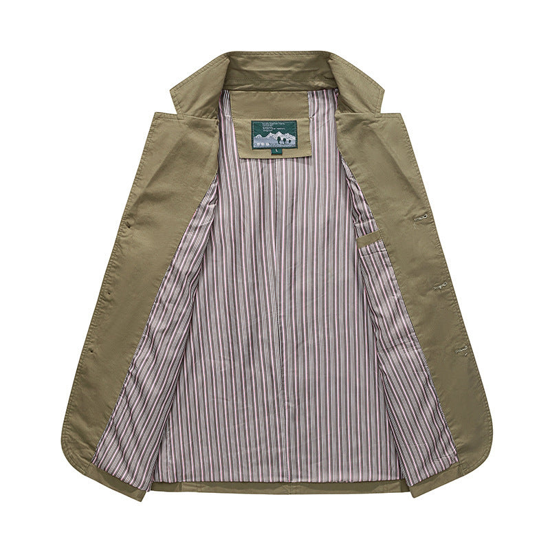 Men's Vintage Style Solid Color Blazer In Khaki With Cotton Fabric And Lapel Collar