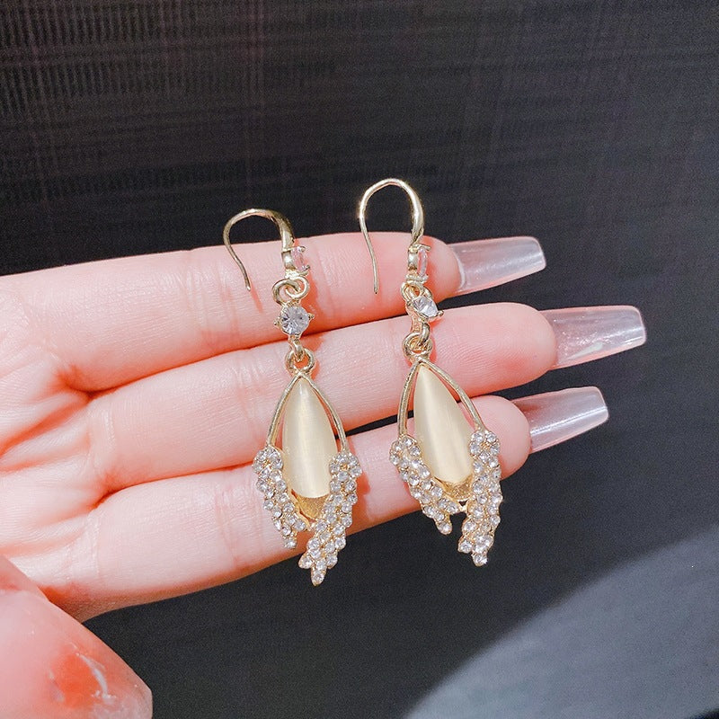 Gold Grain Drop Earrings For Women With Cat's Eye Stone Inlay, Alloy Material And 304 Stainless Steel Ear Pins