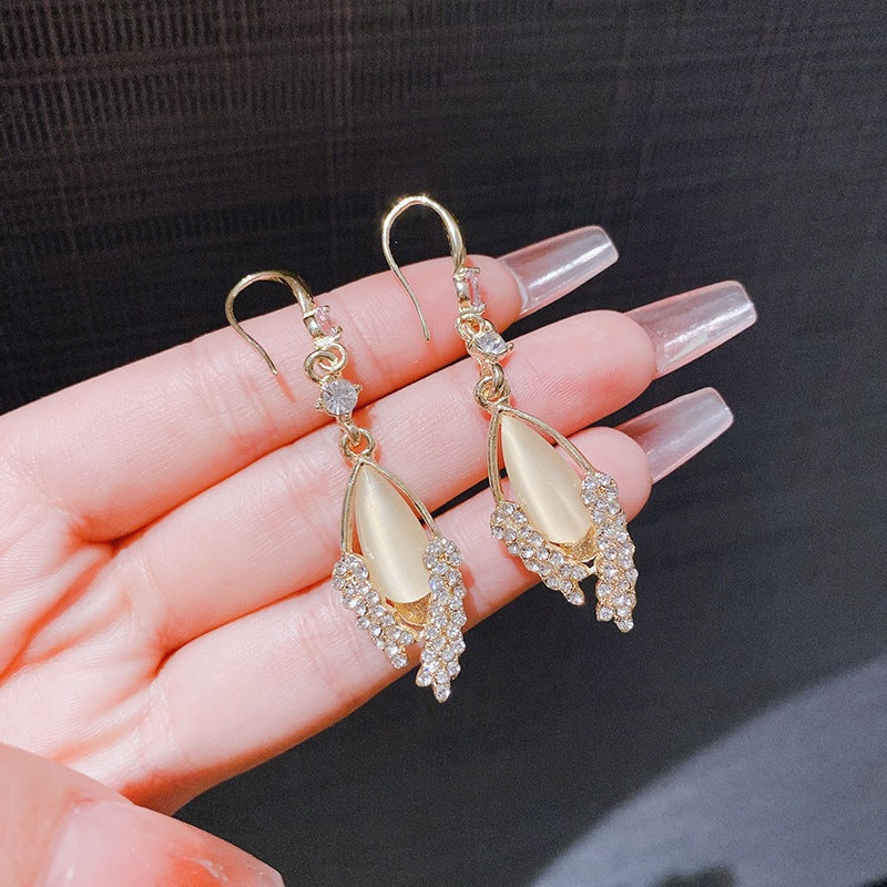 Gold Grain Drop Earrings For Women With Cat's Eye Stone Inlay, Alloy Material And 304 Stainless Steel Ear Pins