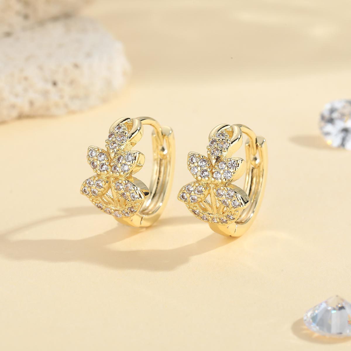 Gold Leaves Hoop Earrings For Women Featuring Copper Ear Pins And Zircon Inlay Material