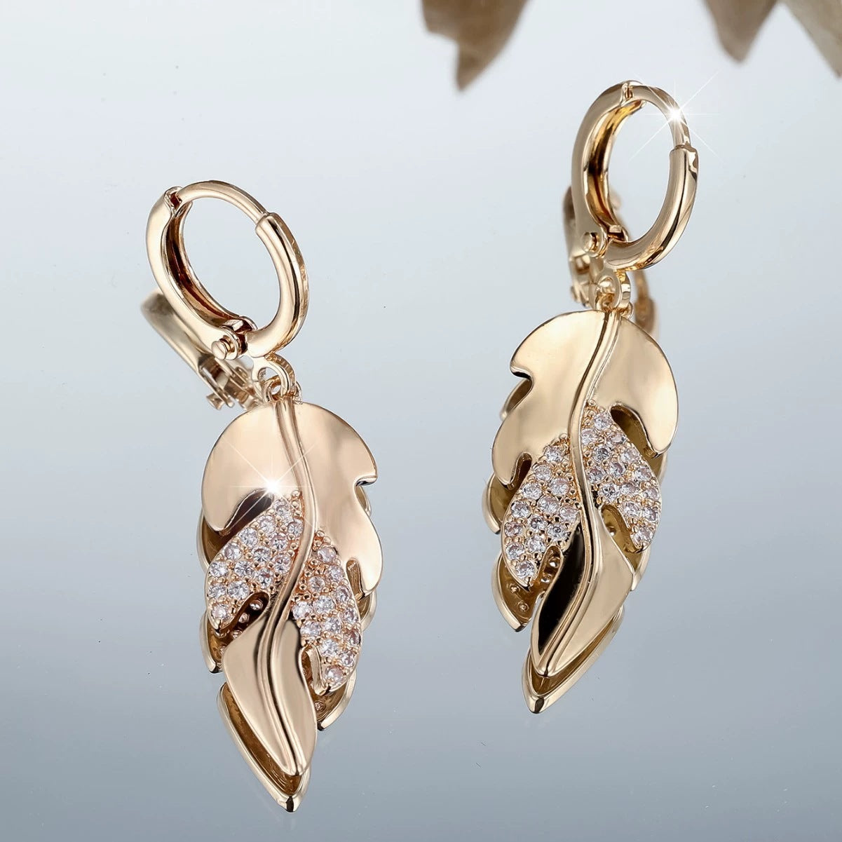 Leaves Dangling Earrings For Women With Copper Studs, Bezel Setting And Electroplated Gold Plating Featuring Rhinestones