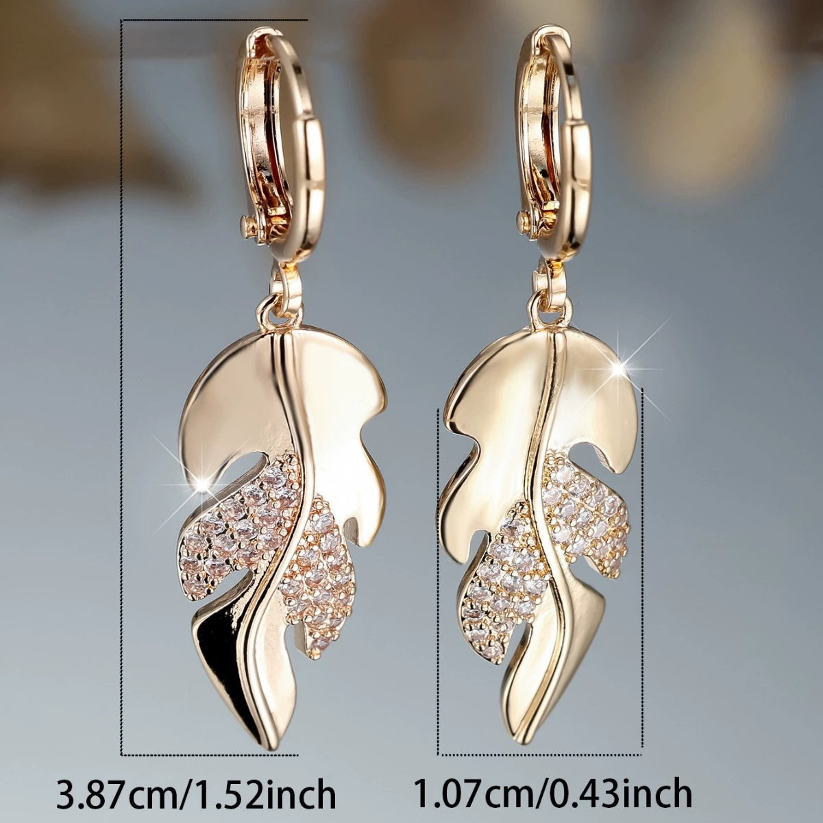 Leaves Dangling Earrings For Women With Copper Studs, Bezel Setting And Electroplated Gold Plating Featuring Rhinestones